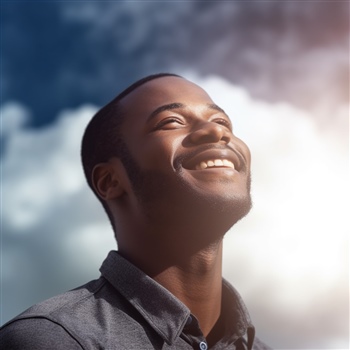 Hombre sonriendo hacia el cielo soleado