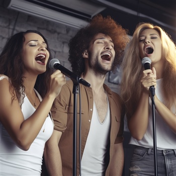 Tres personas cantando apasionadamente con micrófonos