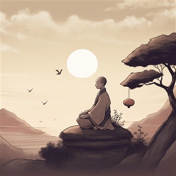 Monje meditando al atardecer, paz Zen