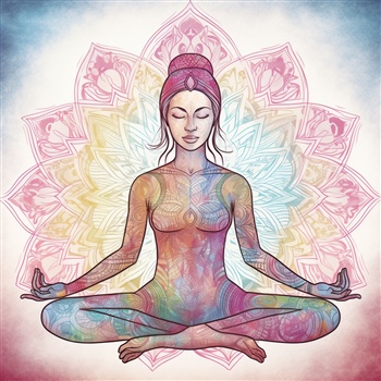 Ilustración de meditación con mandala de colores