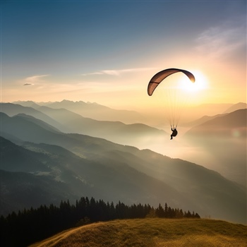 Parapente al amanecer sobre montañas