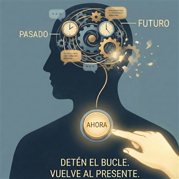Silueta con engranajes y botón AHORA para detener pensamientos repetitivos y volver al presente