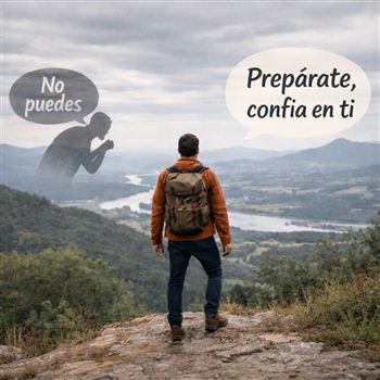 Persona con mochila en un mirador; sombra dice No puedes, burbuja Prepárate, confía en ti