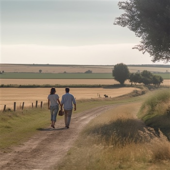 Pareja caminando juntos por camino rural