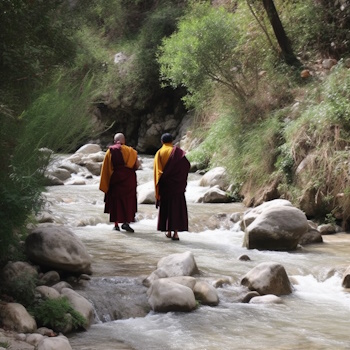 Monjes caminando junto a río; sin mujer visible