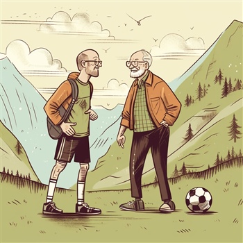 Jóven y anciano conversando junto a balón de fútbol