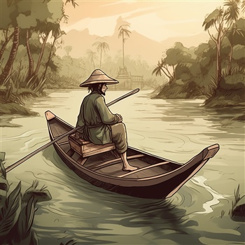 Barquero remando solo en río tranquilo