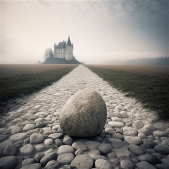 Roca en sendero hacia castillo en la niebla