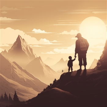 Persona y niño de la mano frente a montañas al atardecer