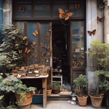 Tienda antigua con mariposas y plantas