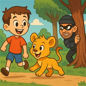 Niño y cachorro de león jugando, ladrón espiando detrás de un árbol