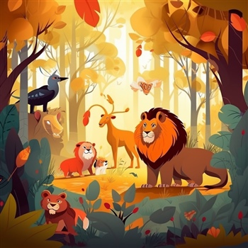 León lidera animales diversos en bosque otoñal