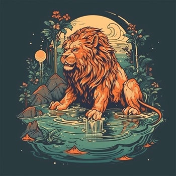 León junto a agua con su reflejo y luna de fondo