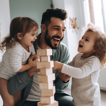 Padre sonriente jugando con sus dos hijos