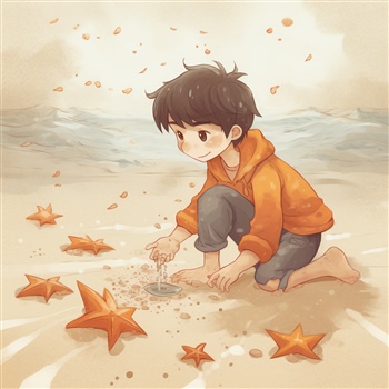 Niño sonriente jugando con estrellas de mar en la playa