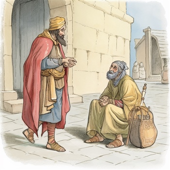 Rey hablando con mendigo ante palacio