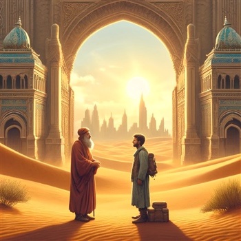 Sabio y viajero conversan en entrada a ciudad del desierto