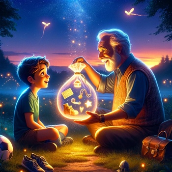 Niño y abuelo con saco mágico iluminado