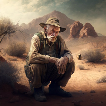 Anciano agachado en un árido desierto