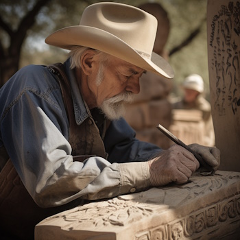 Hombre tallando piedra con cincel y martillo