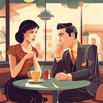 Pareja conversando en café retro