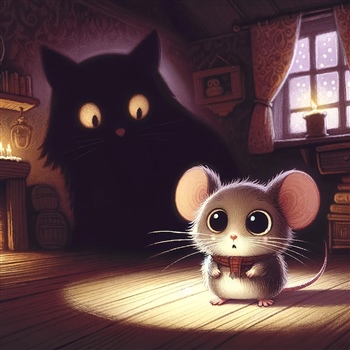 Ratón y gato en una habitación iluminada