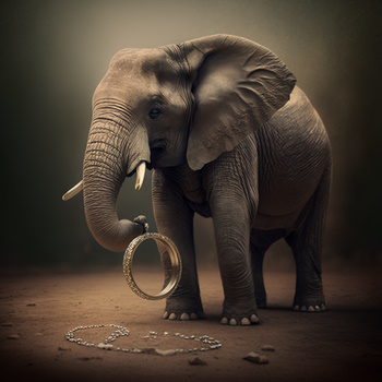 Elefante con anillo gigante que parece perdido