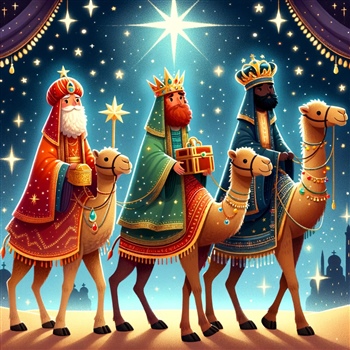 Ilustración de los tres reyes magos con camellos