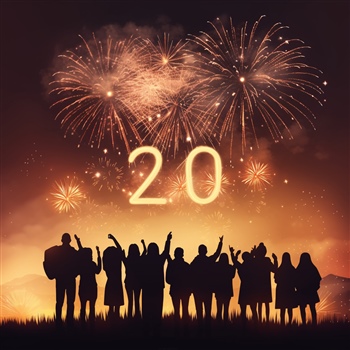 Gente celebra con fuegos artificiales y número 20