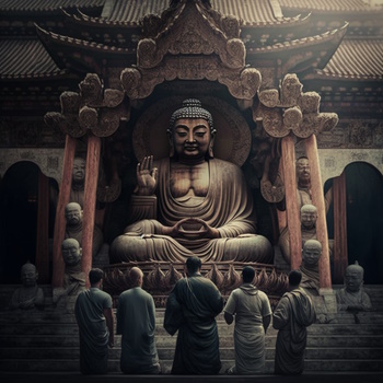 Personas ante estatua de Buda, reflexión espiritual