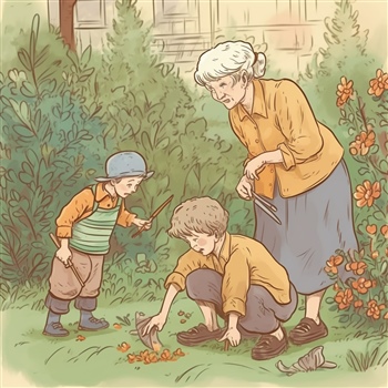 Anciana con niños buscando algo en jardín