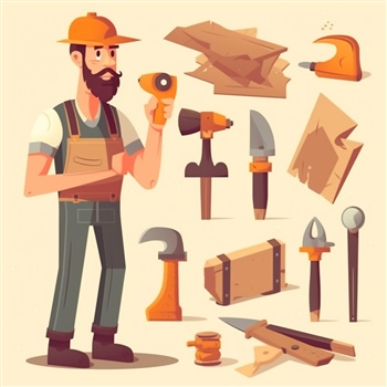Carpintero con herramientas y madera