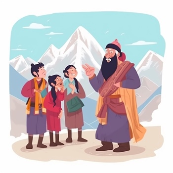 Ilustración de grupo escuchando a un anciano sabio en montañas