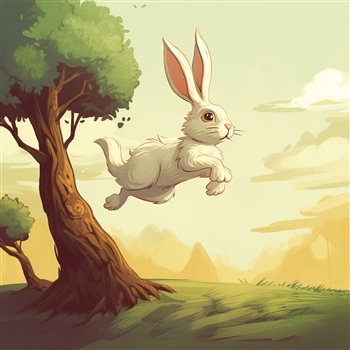 Conejo dibujado saltando en un campo soleado