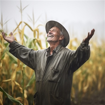 Hombre feliz bajo la lluvia en campo de maíz