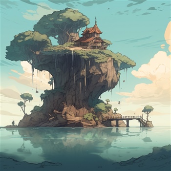 Isla flotante con templo y árboles