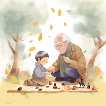 Abuelo y nieto jugando en parque otoñal