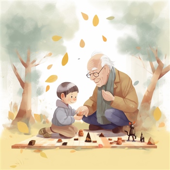 Abuelo y nieto jugando en parque otoñal