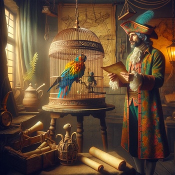 Papagayo colorido en jaula y hombre con mapa