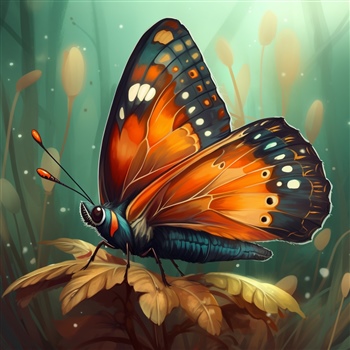 Mariposa colorida posada, alas abiertas, sin vuelo