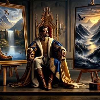 Rey reflexivo en trono entre cuadros de paisajes pacíficos