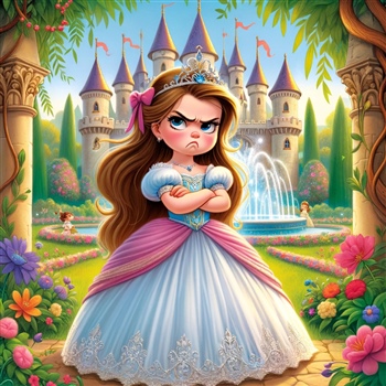 Princesa enfadada en jardín de castillo