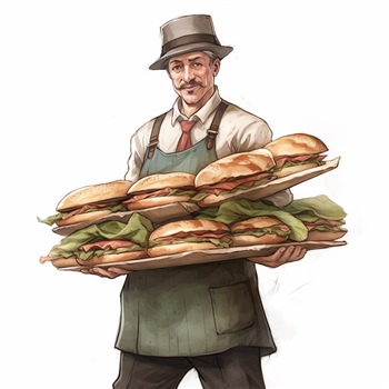 Hombre sonriente lleva montón de sándwiches