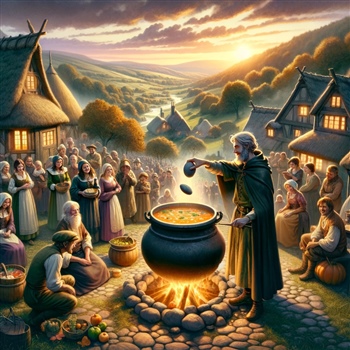 Gente medieval alrededor de caldero con sopa de piedra