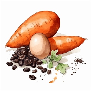 Ilustración de zanahorias, huevo y granos de café