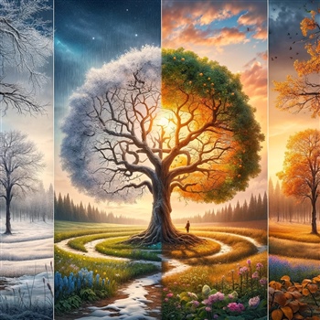  Árbol representando las cuatro estaciones: invierno, primavera, verano y otoño