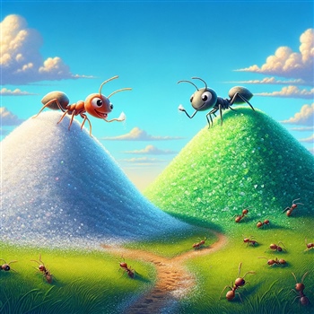 Dos hormigas animadas sobre montículos de azúcar y sal