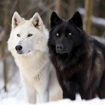 Dos lobos, uno blanco y otro negro, representando dualidad