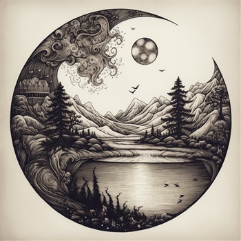 Ilustración monocromática de paisaje Yin Yang estilizado