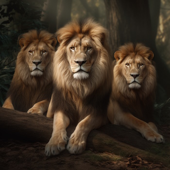 Tres leones majestuosos posando juntos